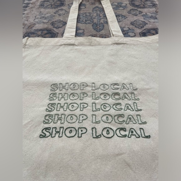 Hand Embroidered Green ‘Shop Local’ Tan Canvas On The Go Tote Bag - Picture 2 of 5